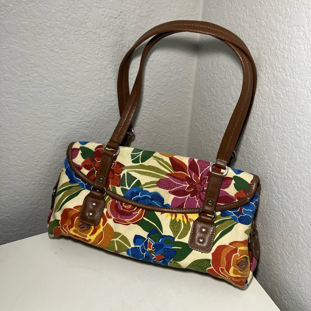“Relic” Handbag RL5742124 w/ Canvas Floral Print  Brown Leather Straps